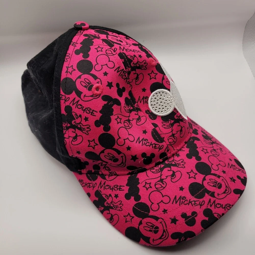 Disney Park, Mickey Mouse Youth, Cap, Pink Black With Rhinestones Adjustable
